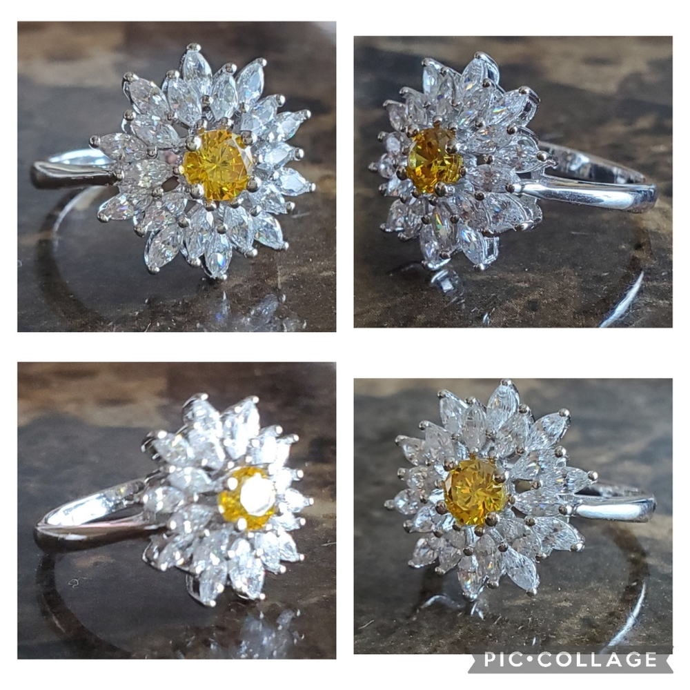 Genuine 5ct Canary and White Sapphire Starburst Ring Size 7 - Picture 7 of 8